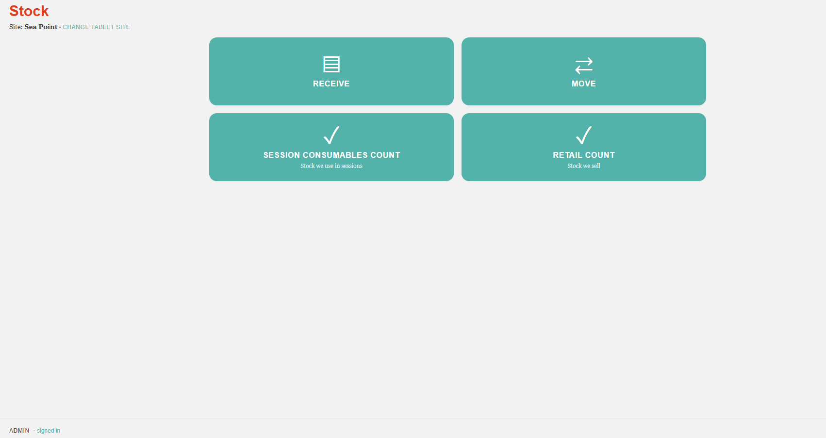 Staff tablet home screen for stock counts
